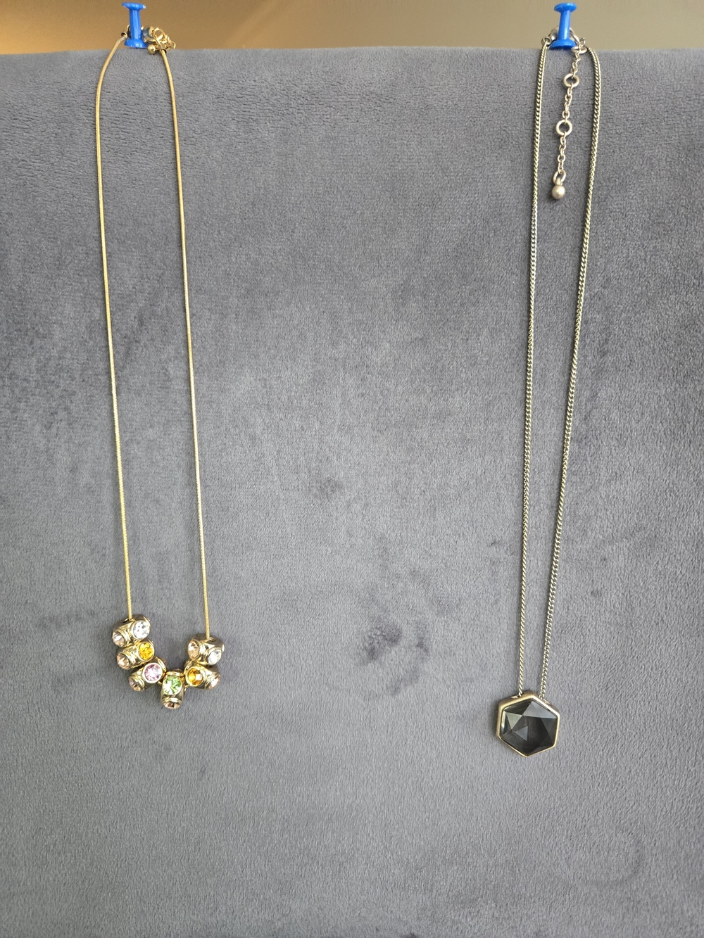 Set of 2 Gold Tone Necklaces Faceted Hexagon Pendant Multi Color Crystal Bead